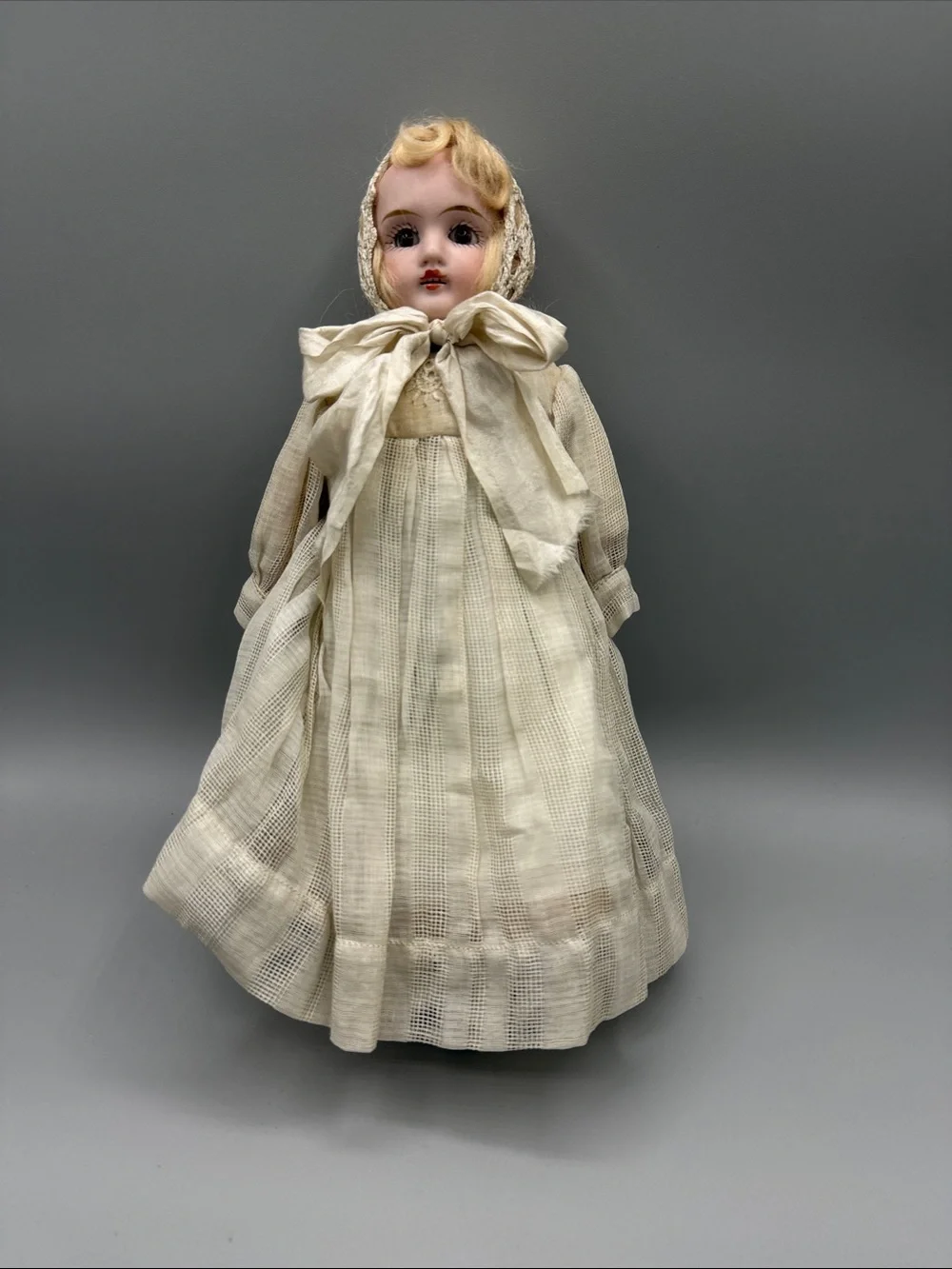 Antique Bisque Doll Cream Dress Crochet Doily Bonnet Silk Ribbon